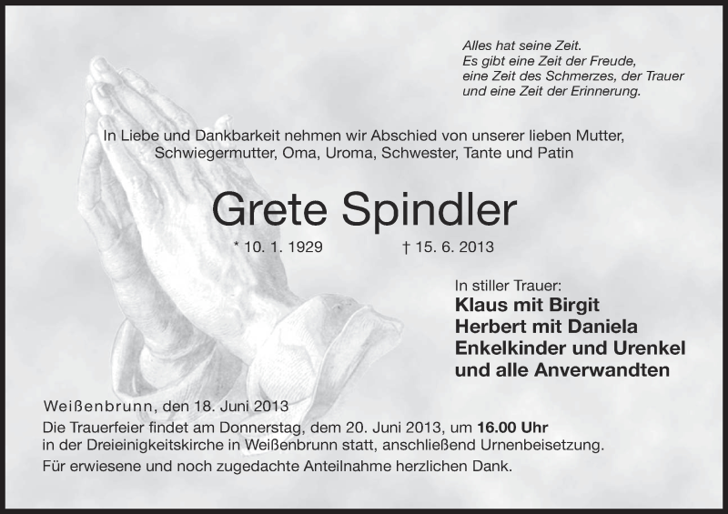  Traueranzeige für Grete Spindler vom 18.06.2013 aus MGO
