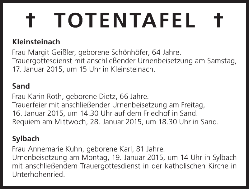  Traueranzeige für Totentafel vom 16.01.2015 vom 16.01.2015 aus MGO