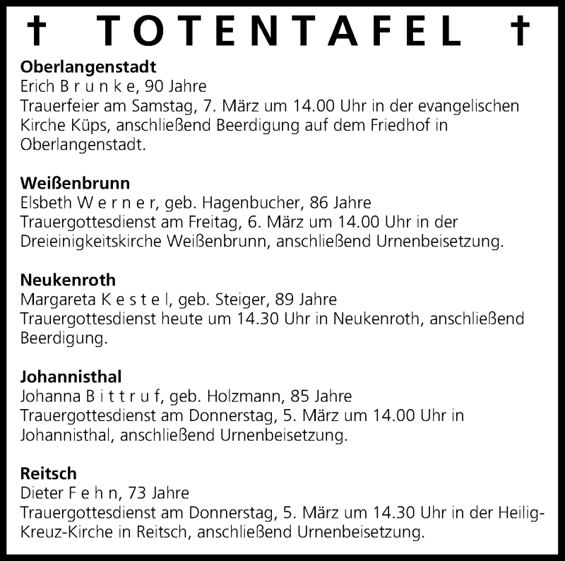  Traueranzeige für Totentafel vom 04.03.2015 vom 04.03.2015 aus MGO