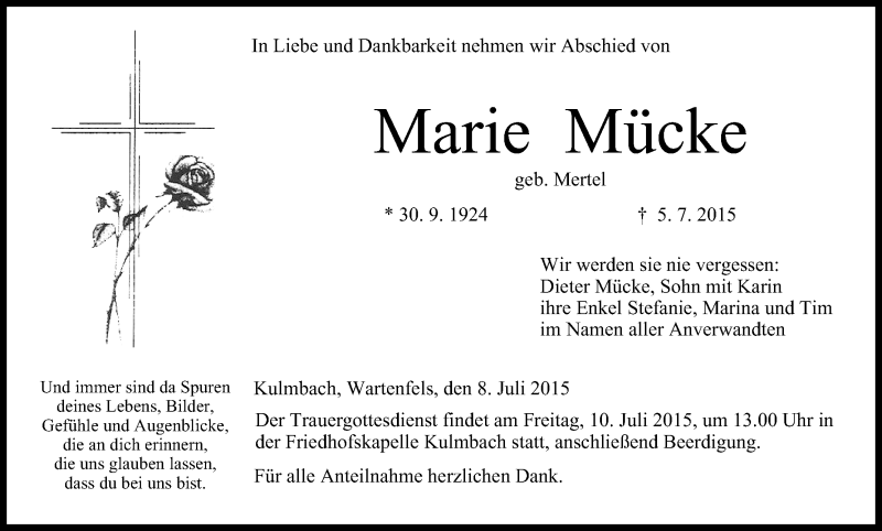  Traueranzeige für Marie Mücke vom 08.07.2015 aus MGO