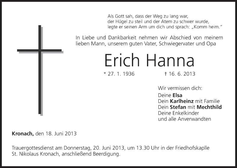  Traueranzeige für Erich Hanna vom 18.06.2013 aus MGO