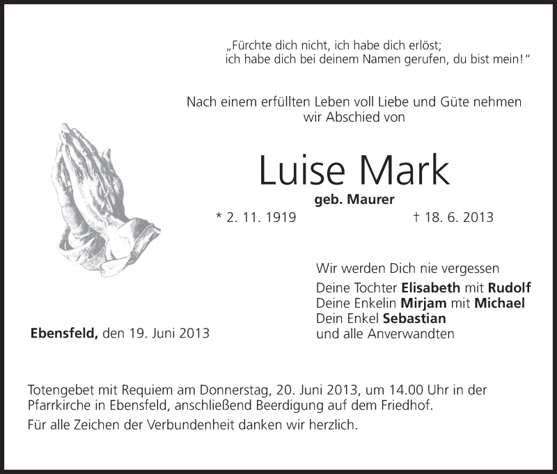 Traueranzeige für Luise Mark vom 19.06.2013 aus MGO