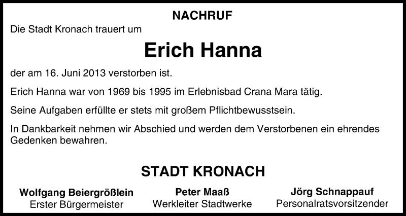  Traueranzeige für Erich Hanna vom 19.06.2013 aus MGO