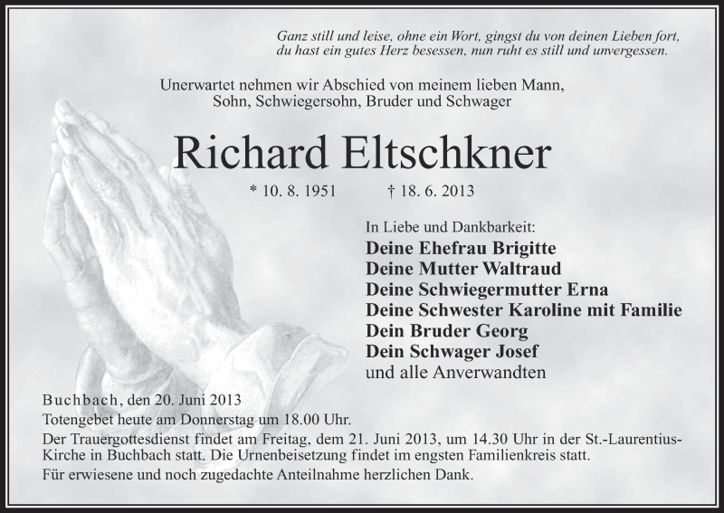  Traueranzeige für Richard Eltschkner vom 20.06.2013 aus MGO