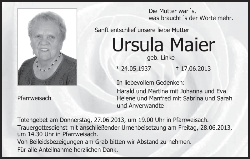  Traueranzeige für Ursula Maier vom 24.06.2013 aus MGO
