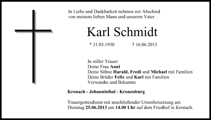  Traueranzeige für Karl Schmidt vom 21.06.2013 aus MGO