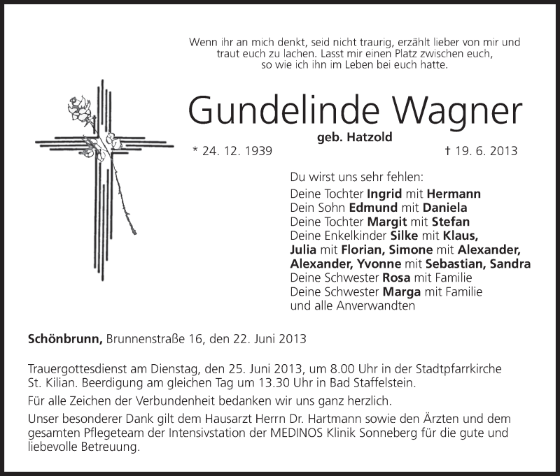  Traueranzeige für Gundelinde Wagner vom 22.06.2013 aus MGO