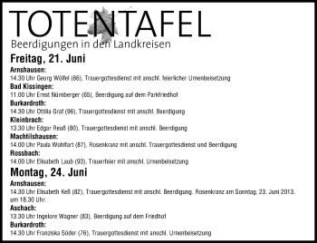 Anzeige von Totentafel vom 21.06.2013 von MGO