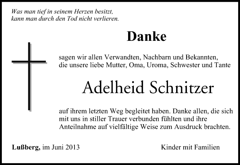  Traueranzeige für Adelheid Schnitzer vom 22.06.2013 aus MGO