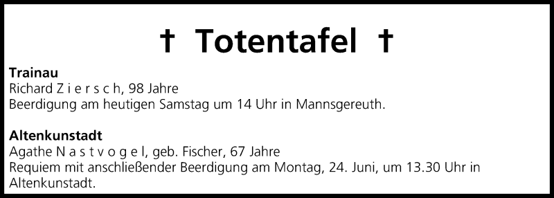  Traueranzeige für Totentafel vom 22.06.2013 vom 22.06.2013 aus MGO