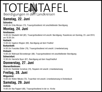 Anzeige von Totentafel vom 22.06.2013 von MGO