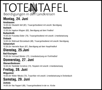 Anzeige von Totentafel vom 24.06.2013 von MGO