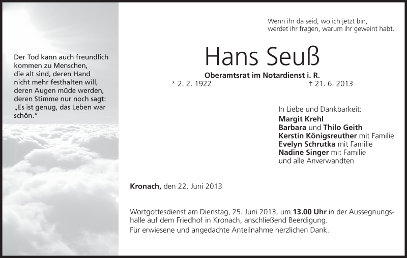  Traueranzeige für Hans Seuß vom 22.06.2013 aus MGO