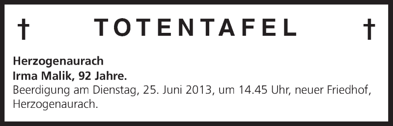 Traueranzeige für Totentafel vom 24.06.2013 vom 24.06.2013 aus MGO