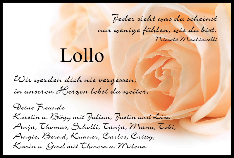  Traueranzeige für Lollo  vom 27.06.2013 aus MGO