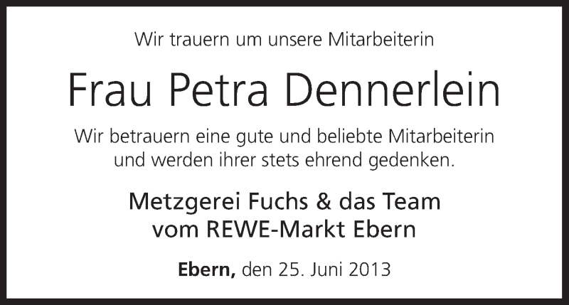  Traueranzeige für Petra Dennerlein vom 25.06.2013 aus MGO