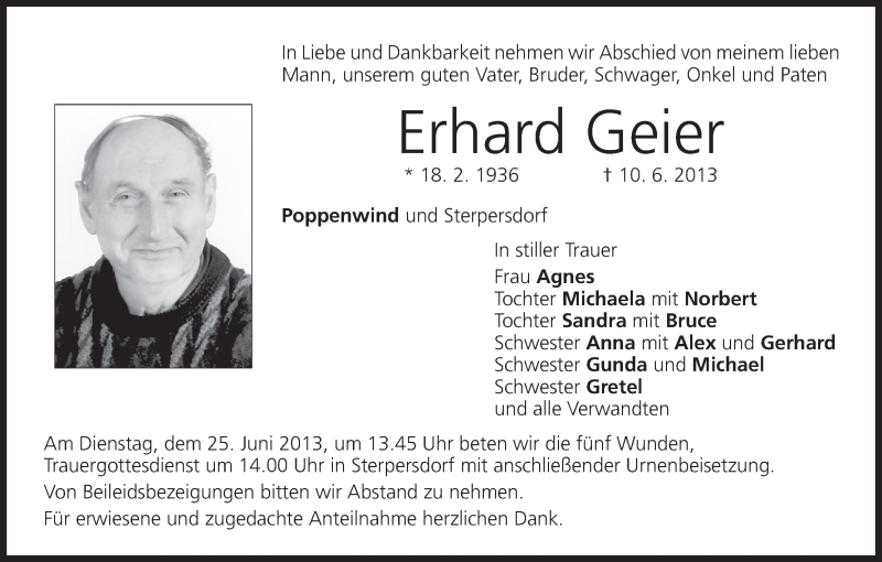  Traueranzeige für Erhard Geier vom 25.06.2013 aus MGO
