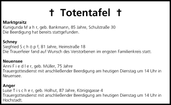 Anzeige von Totentafel vom 25.06.2013 von MGO