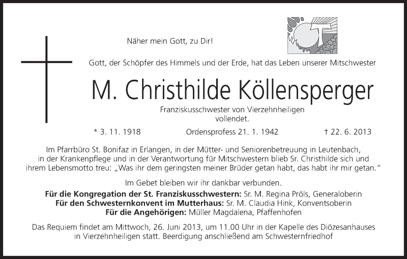  Traueranzeige für Christhilde Köllensperger vom 25.06.2013 aus MGO