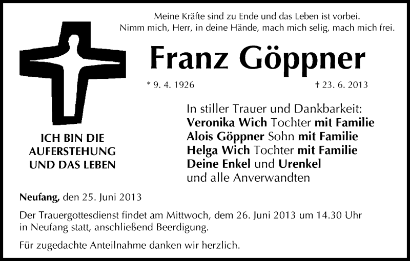  Traueranzeige für Franz Göppner vom 25.06.2013 aus MGO