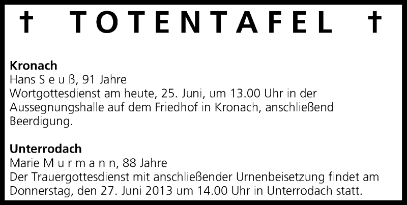  Traueranzeige für Totentafel vom 25.06.2013 vom 25.06.2013 aus MGO