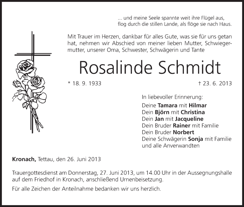  Traueranzeige für Rosalinde Schmidt vom 26.06.2013 aus MGO