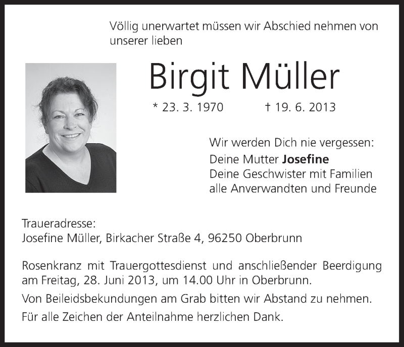  Traueranzeige für Birgit Müller vom 26.06.2013 aus MGO