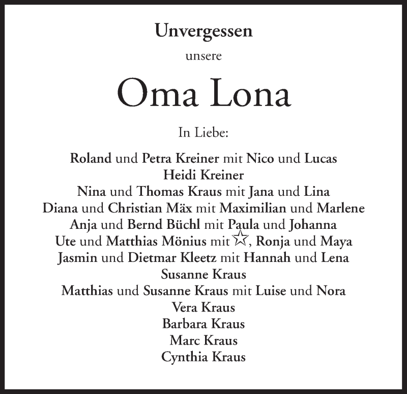  Traueranzeige für Lona  vom 26.06.2013 aus MGO