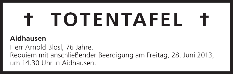  Traueranzeige für Totentafel vom 28.06.2013 vom 28.06.2013 aus MGO