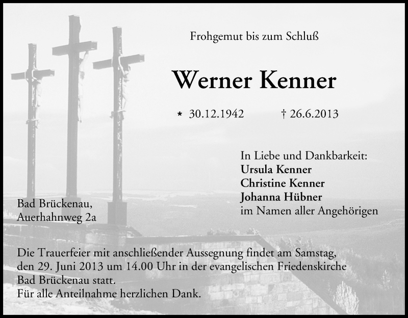  Traueranzeige für Werner Kenner vom 27.06.2013 aus MGO