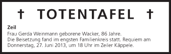 Anzeige von Totentafel vom 27.06.2013 von MGO