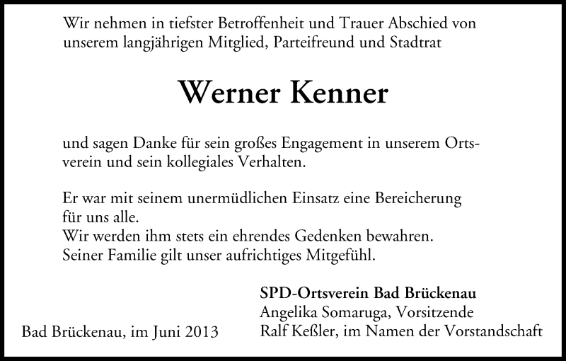  Traueranzeige für Werner Kenner vom 28.06.2013 aus MGO