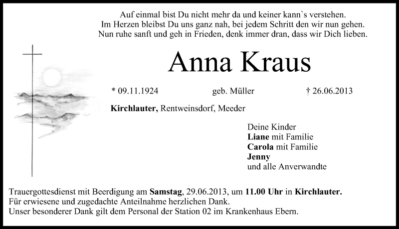  Traueranzeige für Anna Kraus vom 28.06.2013 aus MGO