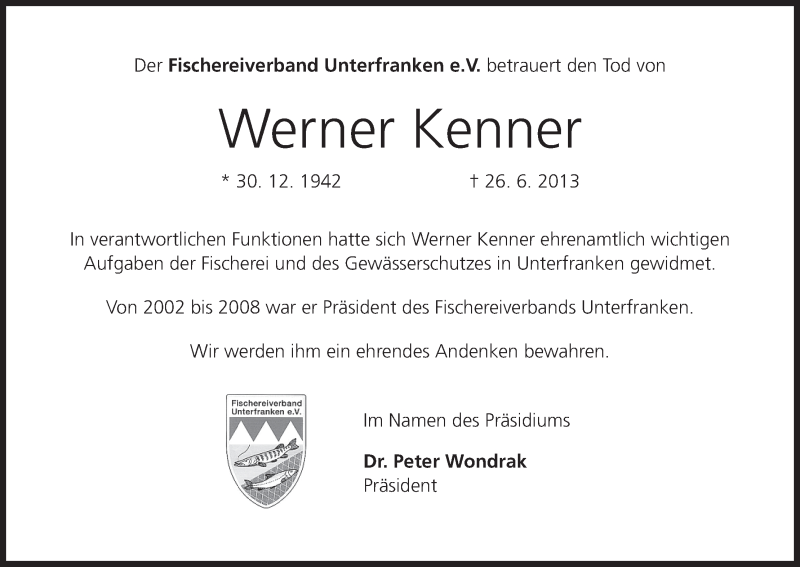  Traueranzeige für Werner Kenner vom 28.06.2013 aus MGO