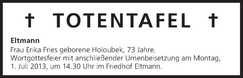  Traueranzeige für Totentafel vom 29.06.2013 vom 29.06.2013 aus MGO