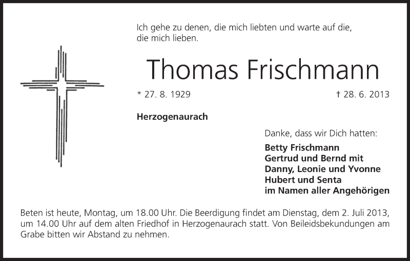  Traueranzeige für Thomas Frischmann vom 01.07.2013 aus MGO