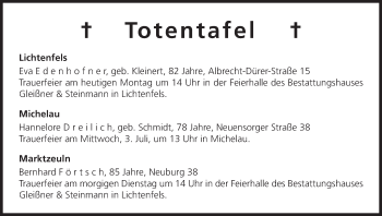 Anzeige von Totentafel vom 01.07.2013 von MGO
