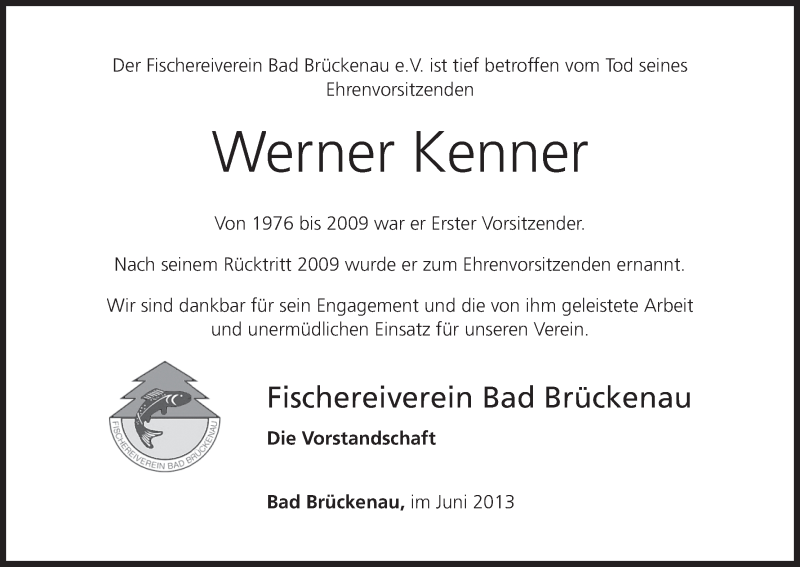  Traueranzeige für Werner Kenner vom 29.06.2013 aus MGO