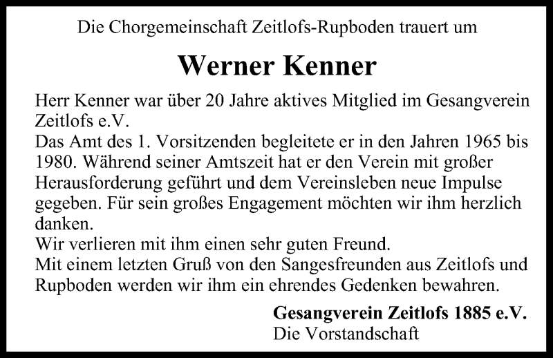 Traueranzeige für Werner Kenner vom 29.06.2013 aus MGO