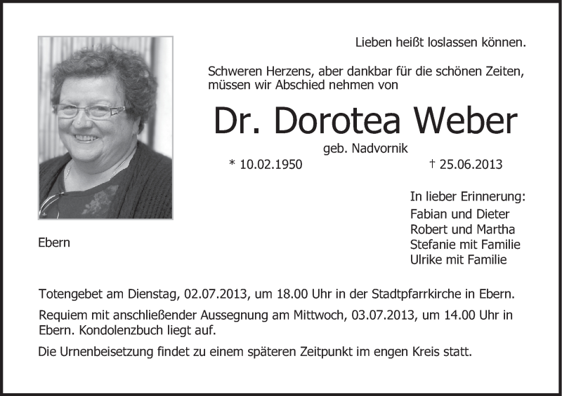  Traueranzeige für Dorotea Weber vom 01.07.2013 aus MGO