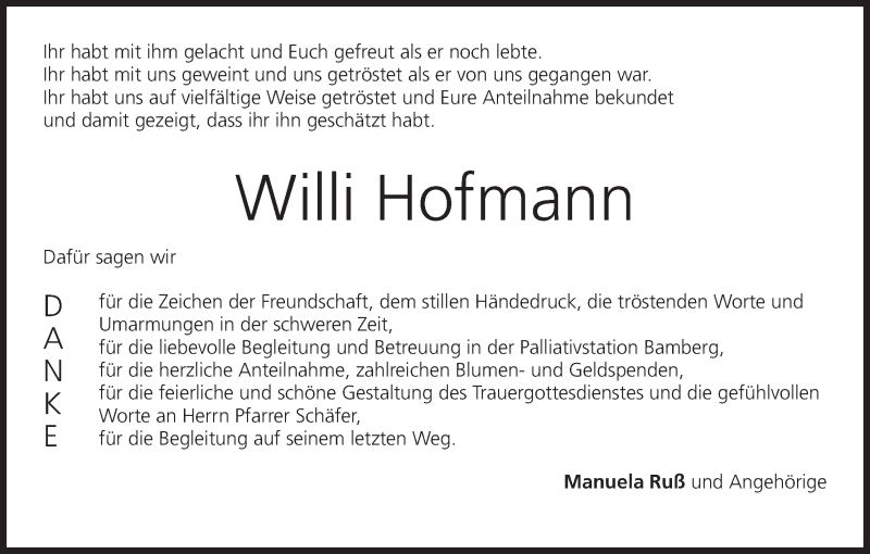  Traueranzeige für Willi Hofmann vom 29.06.2013 aus MGO