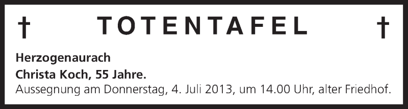  Traueranzeige für Totentafel vom 02.07.2013 vom 02.07.2013 aus MGO
