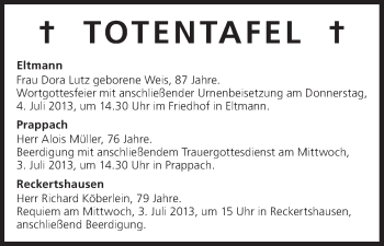 Anzeige von Totentafel vom 03.07.2013 von MGO