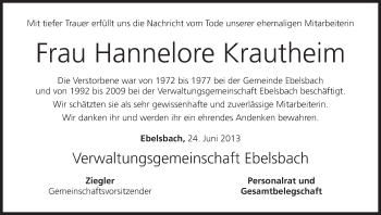 Anzeige von Hannelore Krautheim von MGO