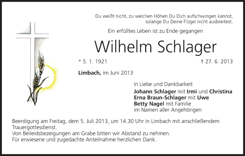  Traueranzeige für Wilhelm Schlager vom 02.07.2013 aus MGO