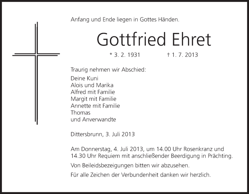  Traueranzeige für Gottfried Ehret vom 03.07.2013 aus MGO