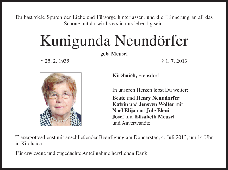  Traueranzeige für Kunigunda Neundörfer vom 03.07.2013 aus MGO