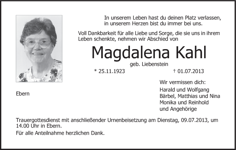  Traueranzeige für Magdalena Kahl vom 06.07.2013 aus MGO