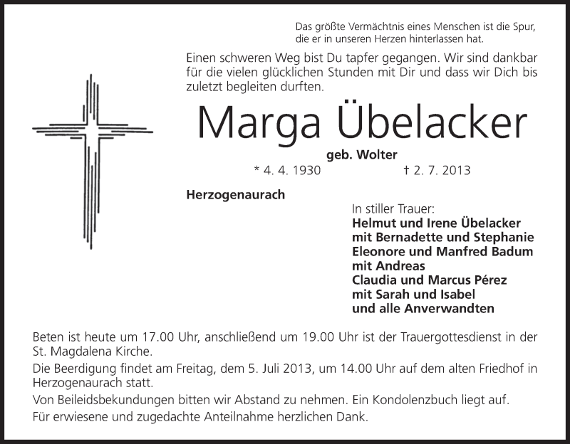  Traueranzeige für Marga Übelacker vom 04.07.2013 aus MGO
