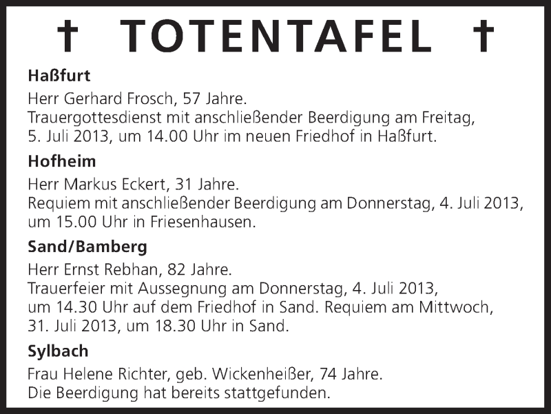  Traueranzeige für Totentafel vom 04.07.2013 vom 04.07.2013 aus MGO